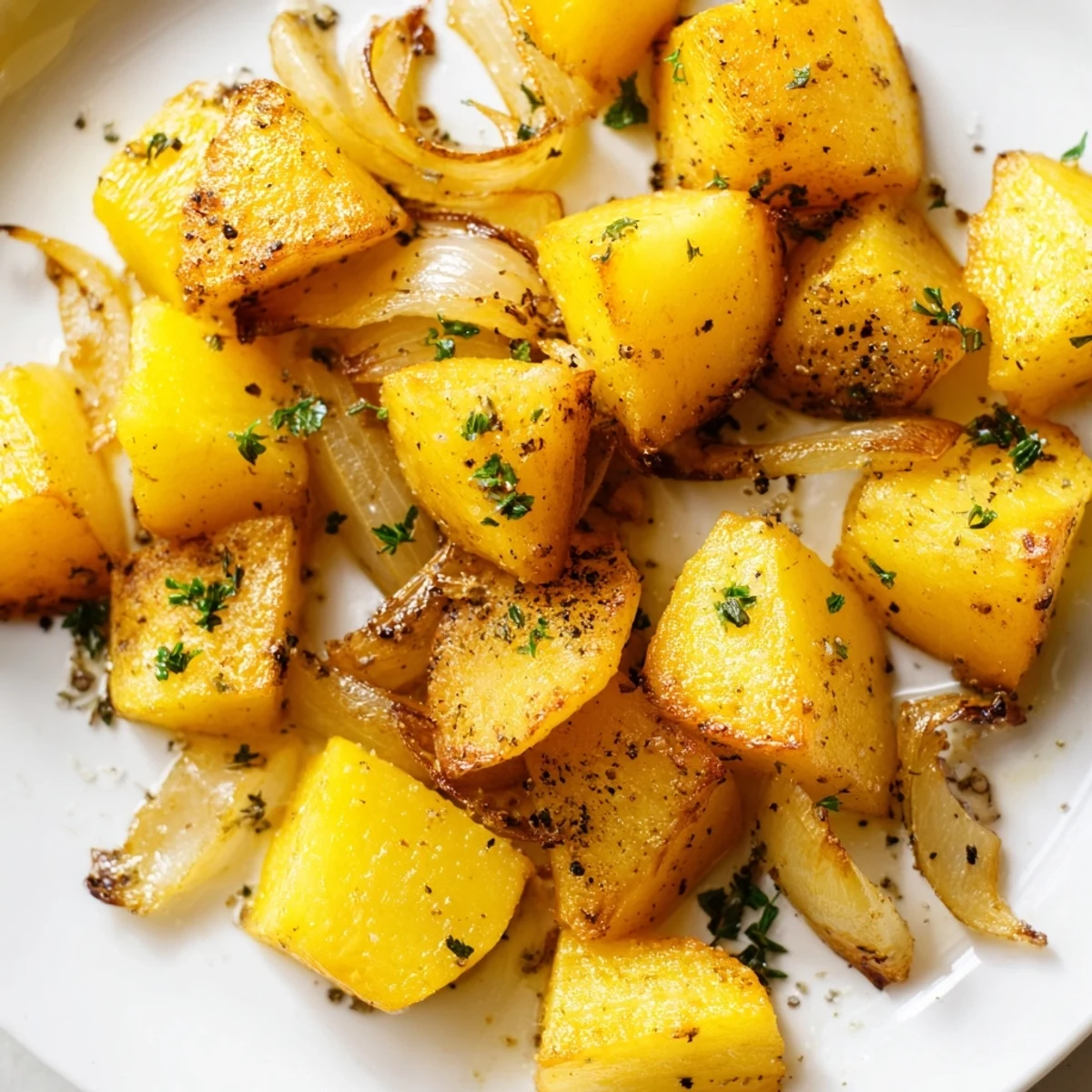 Golden roasted potatoes and caramelized onions with herbs on a white baking sheet