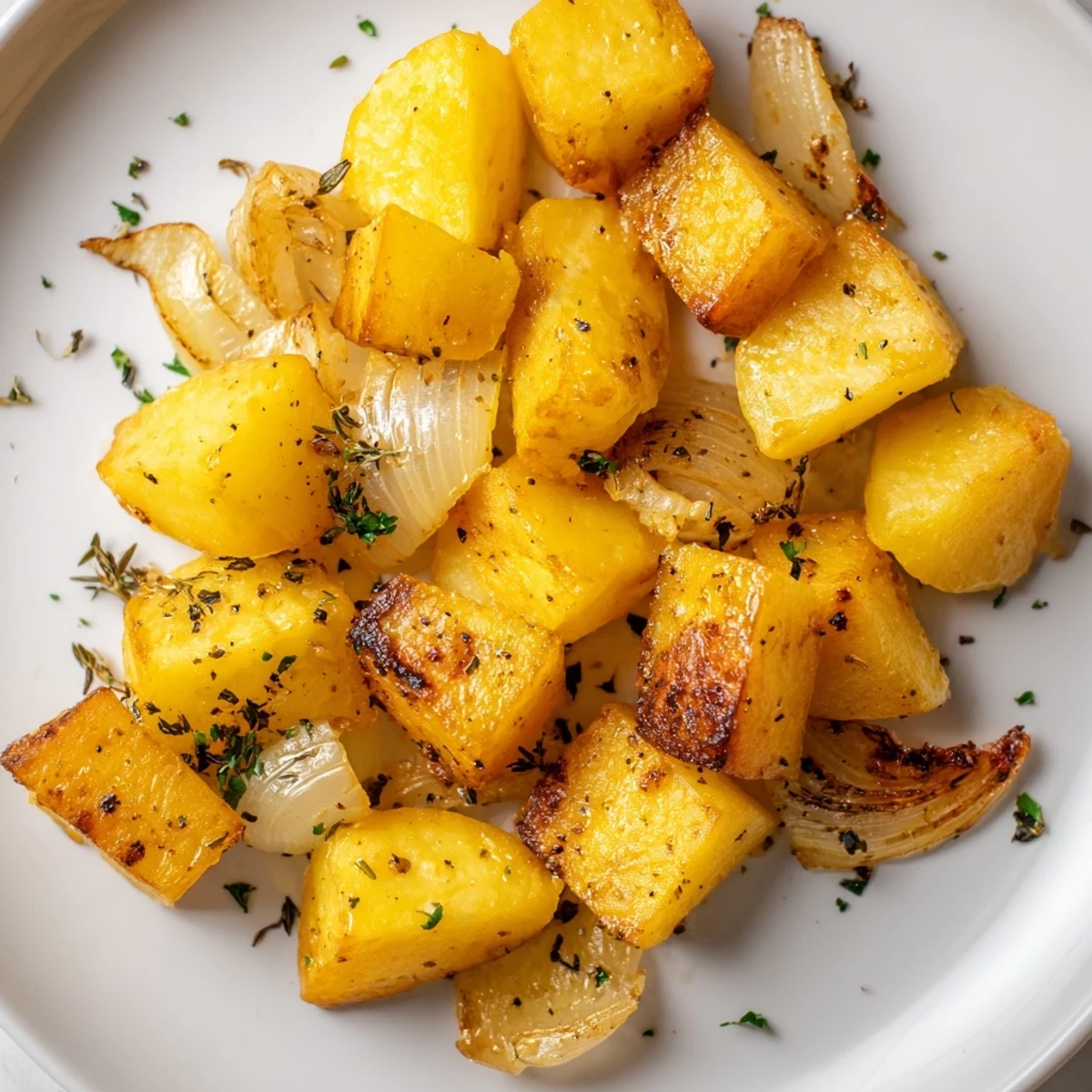 Comforting side dish of tender roasted potatoes and sweet onions garnished with fresh parsley