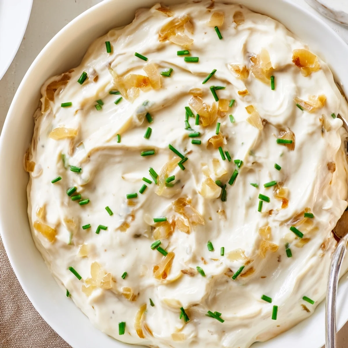 Bowl of French onion dip featuring buttery caramelized onions swirled into a smooth creamy blend, served with crispy potato chips
