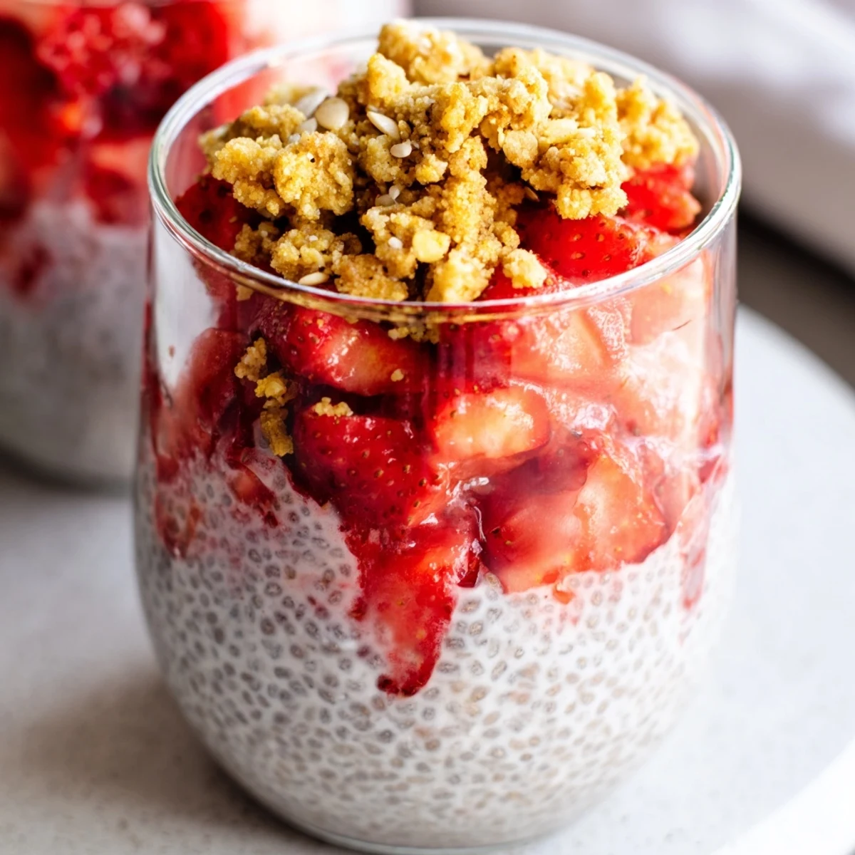 Creamy strawberry crumble chia pudding dessert topped with golden toasted oat crumble and fruit