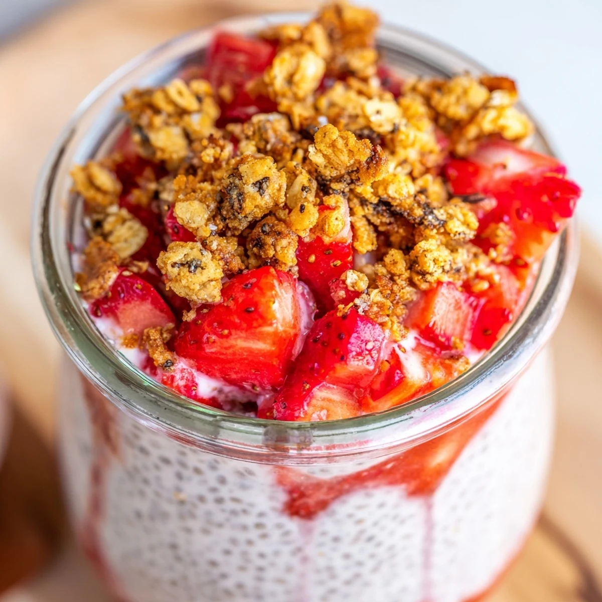 Layer strawberry crumble chia pudding layered in glass jars with fresh diced berries