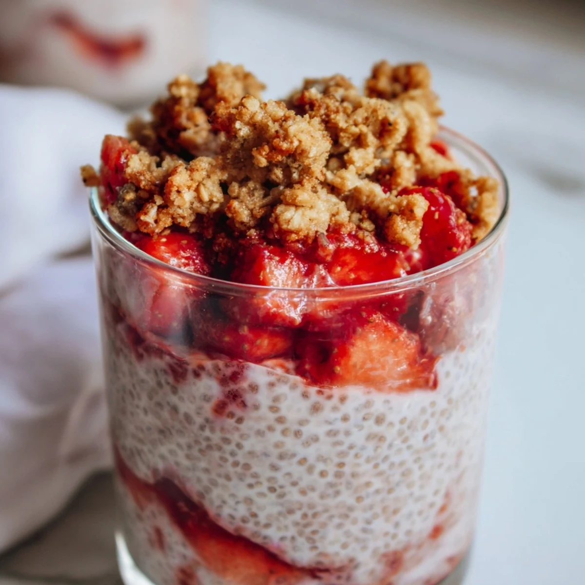 Parfait of strawberry crumble chia pudding showing white chia layers red berries and crunch