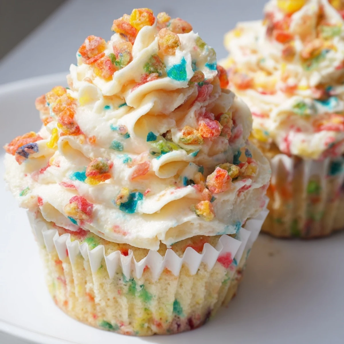 Close-up of fluffy Fruity Pebbles frosting swirling on a chocolate cupcake with rainbow garnish