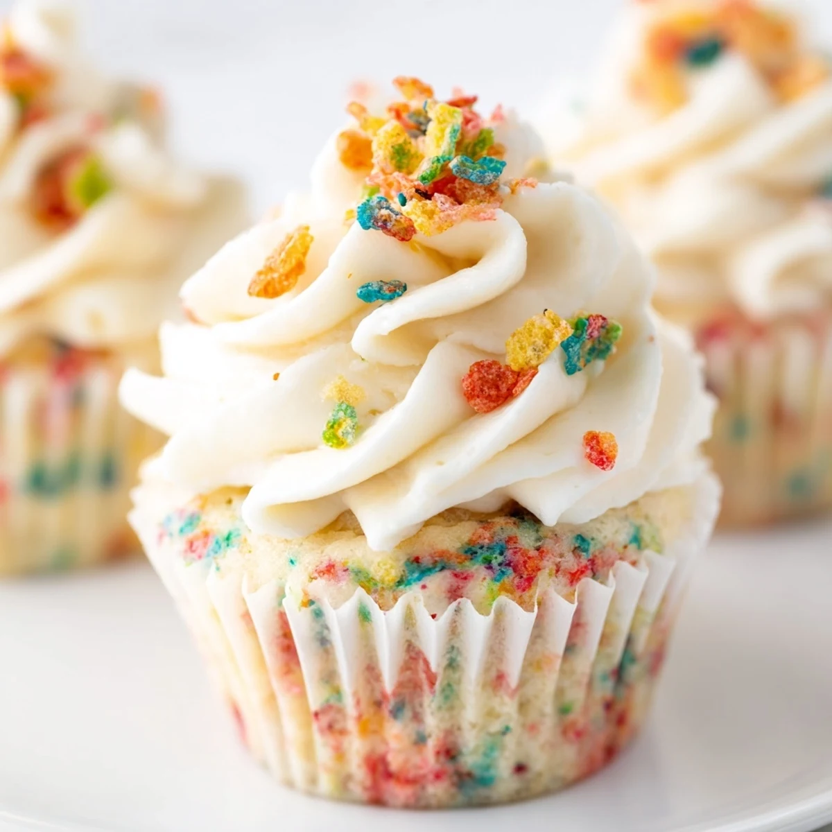 Vibrant Fruity Pebbles cereal frosting piped onto cupcakes with colorful cereal sprinkle topping