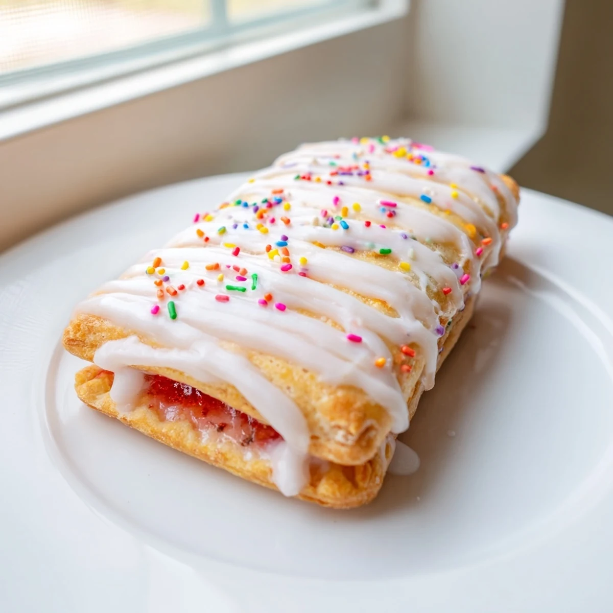 Golden Strawberry Pop Tart Cookies drizzled with white vanilla glaze and colorful sprinkles