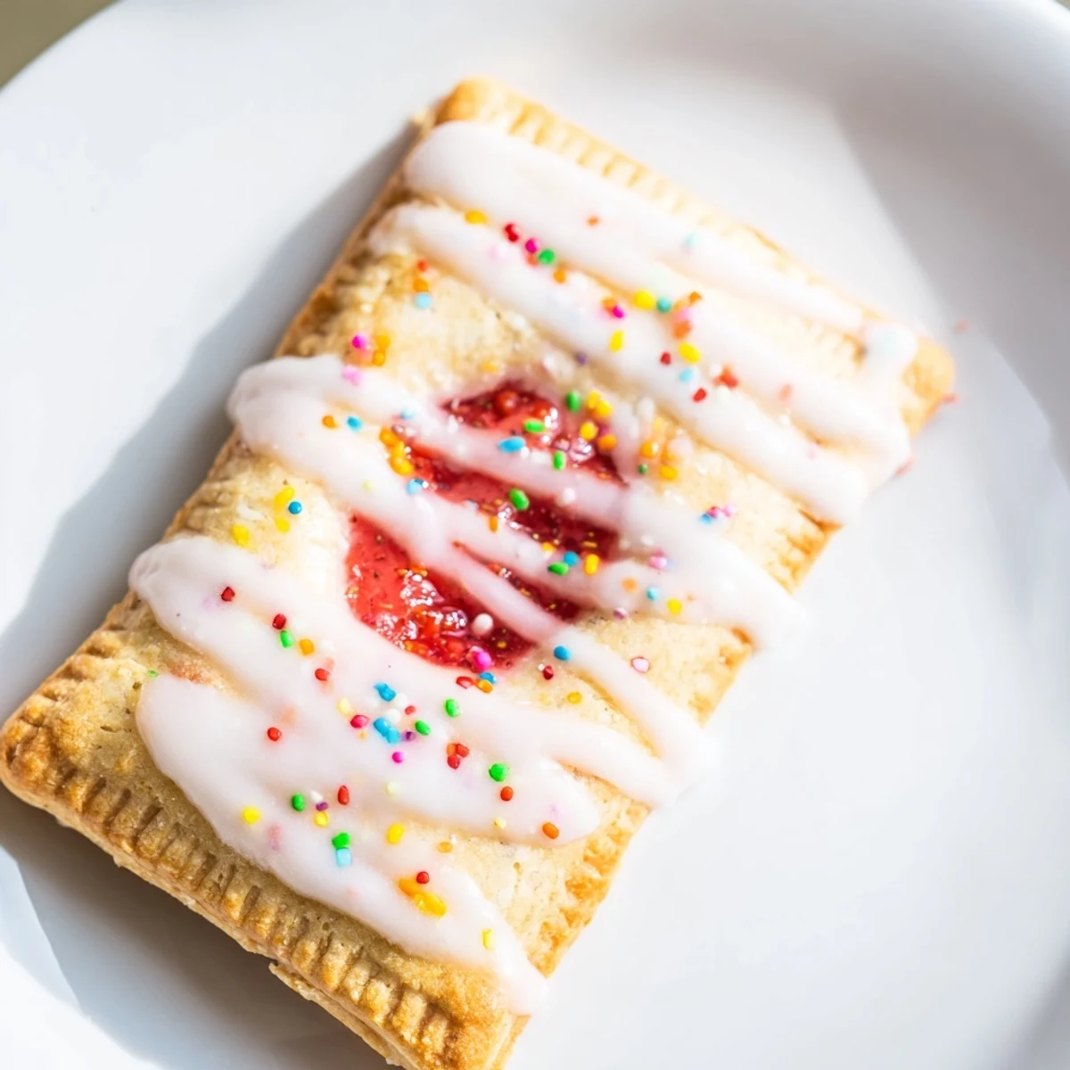 Homemade Strawberry Pop Tart Cookies stuffed with fruity jam and topped with powdered sugar glaze