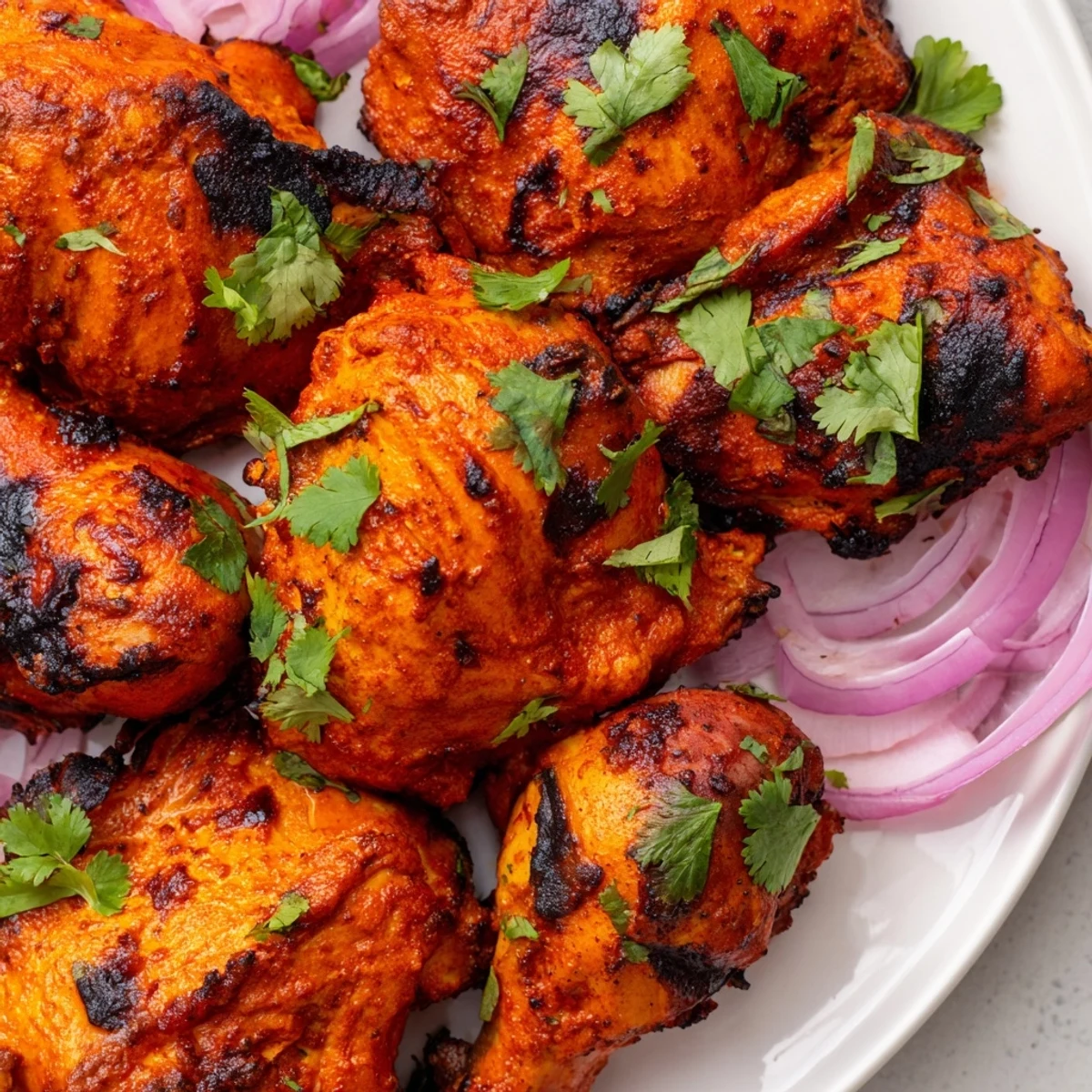 Golden tandoori chicken thighs marinated in spiced yogurt, roasted until lightly charred and juicy