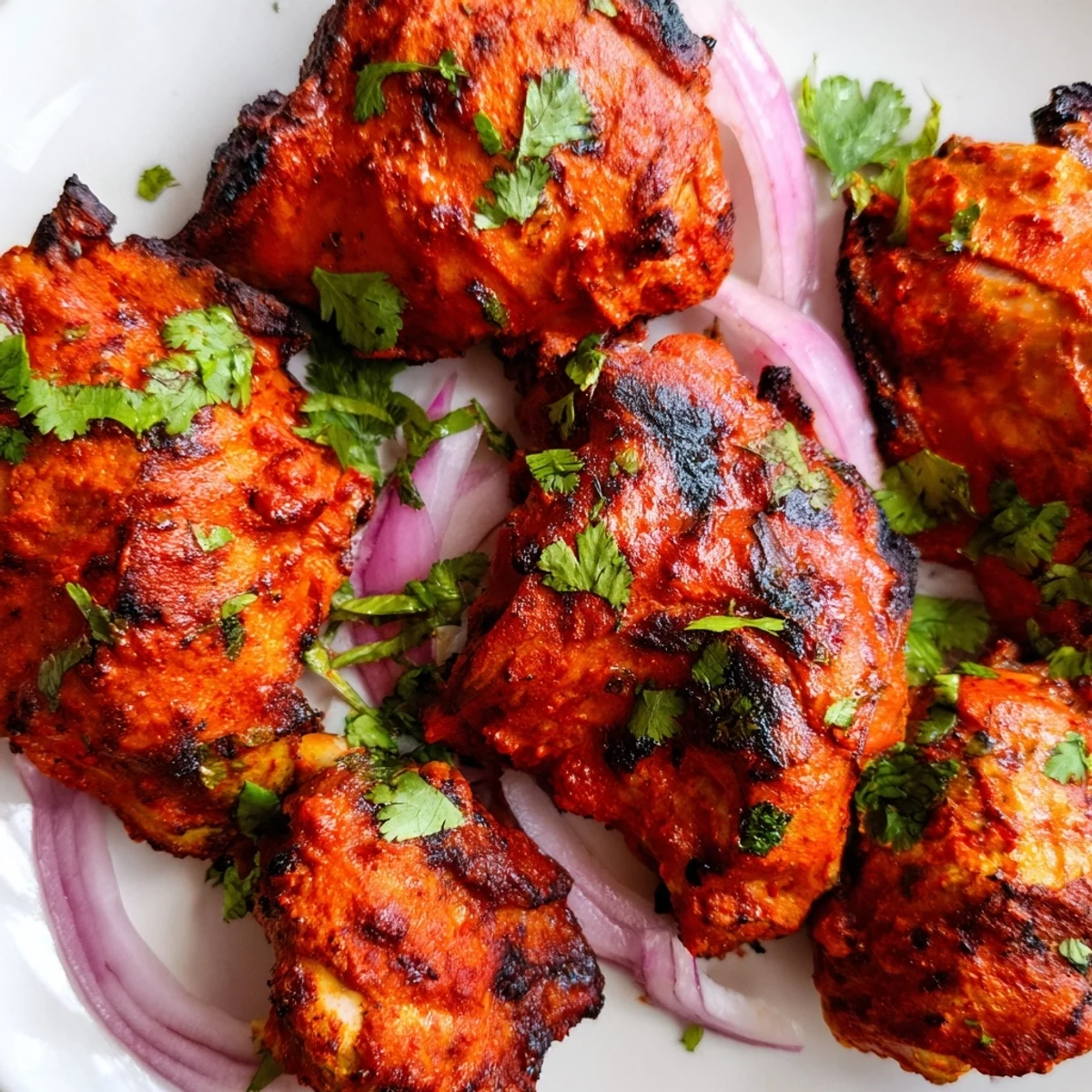 Tender tandoori chicken arranged on a platter with fresh cilantro, onion slices, and lemon wedges