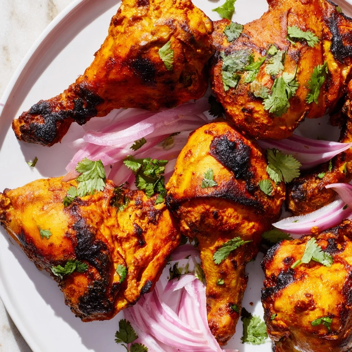 Succulent spiced yogurt chicken pieces with smoky charred edges, garnished with herbs and red onions