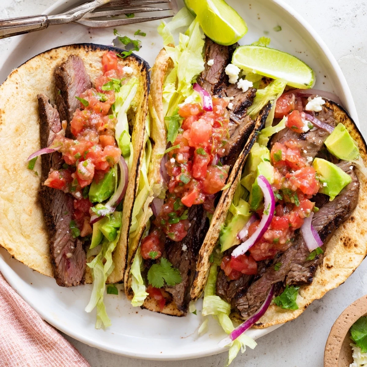 Charcoal Grilled Tacos Recipe with smoky char, sliced avocado, cilantro garnish.