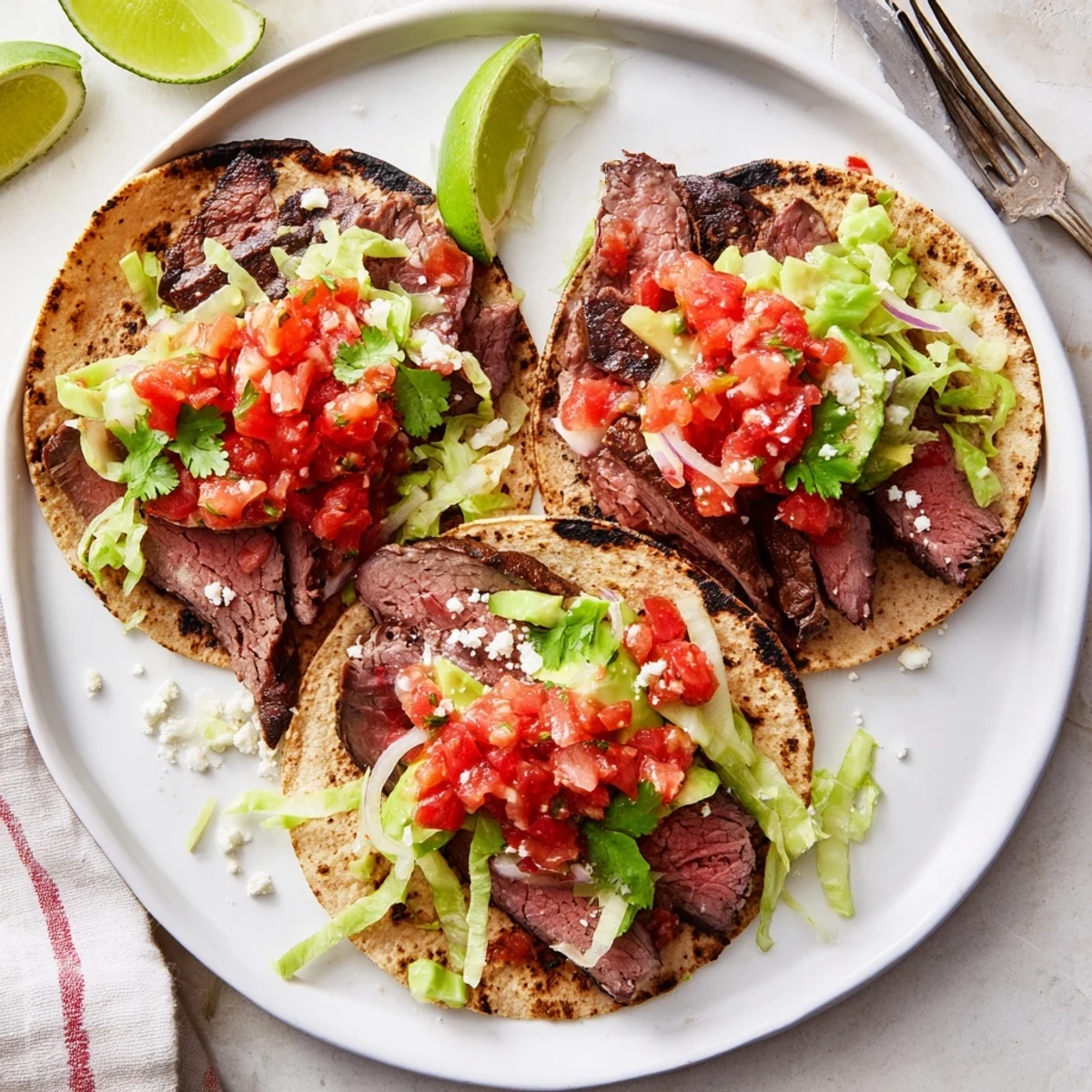 Smoky, tangy Charcoal Grilled Tacos Recipe piled with juicy meat and lime.