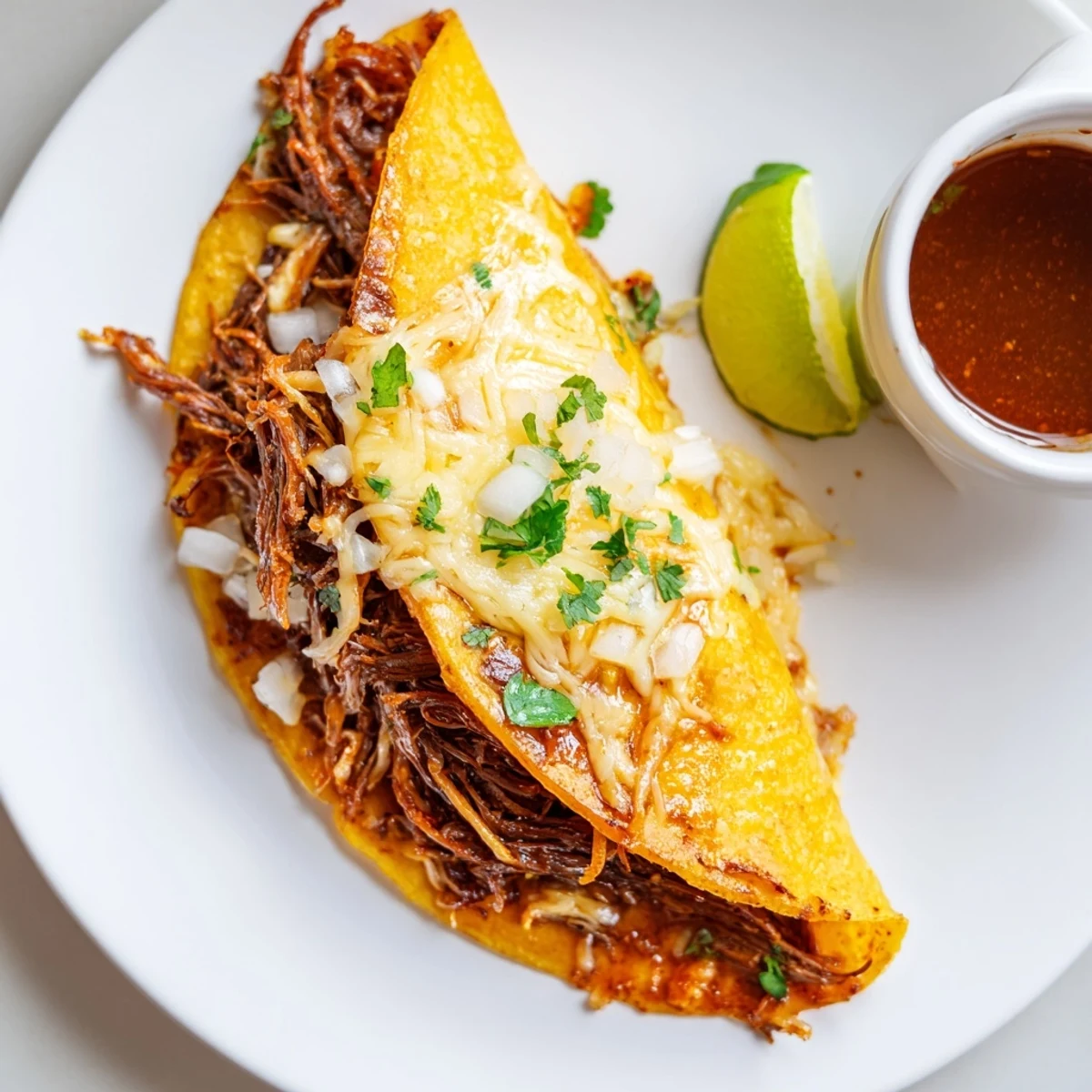 Warm Super Crispy Birria Tacos Recipe plated with lime wedges and chopped cilantro