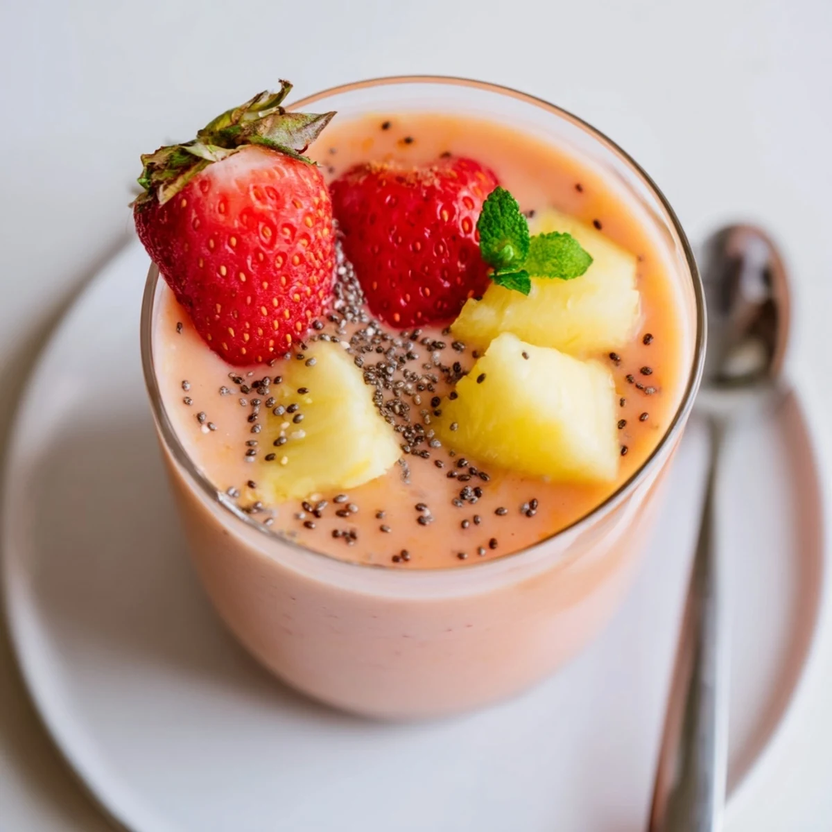 Strawberry Pineapple Smoothie in chilled glass, bright pink-orange, tangy sweet aroma.