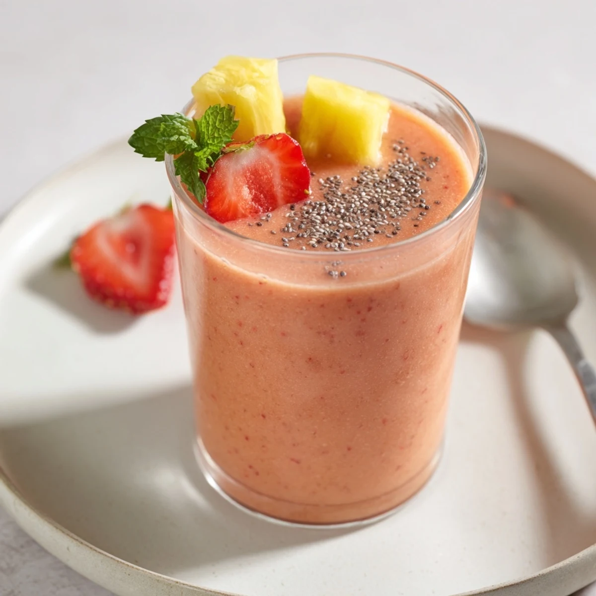 Creamy Strawberry Pineapple Smoothie blended with almond milk, served with mint.