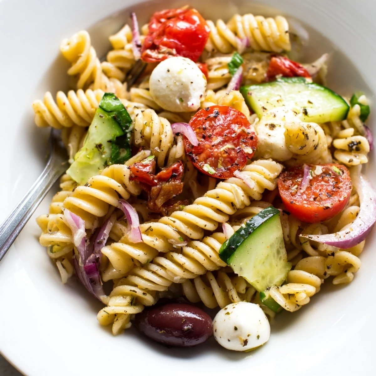 Gluten Free Italian Pasta Salad Recipe with vibrant tomatoes, basil, chilled
