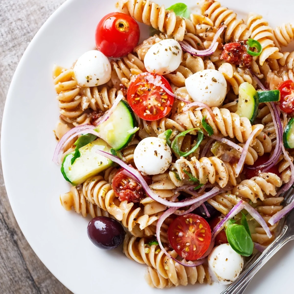 A bowl of Gluten Free Italian Pasta Salad Recipe, tossed in tangy dressing