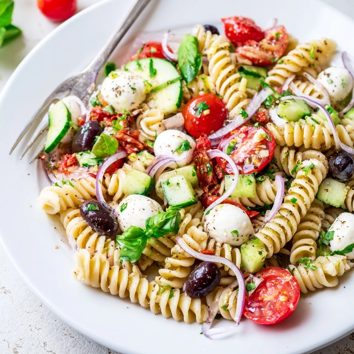 Plated Gluten Free Italian Pasta Salad Recipe garnished with mozzarella, olives, lemon
