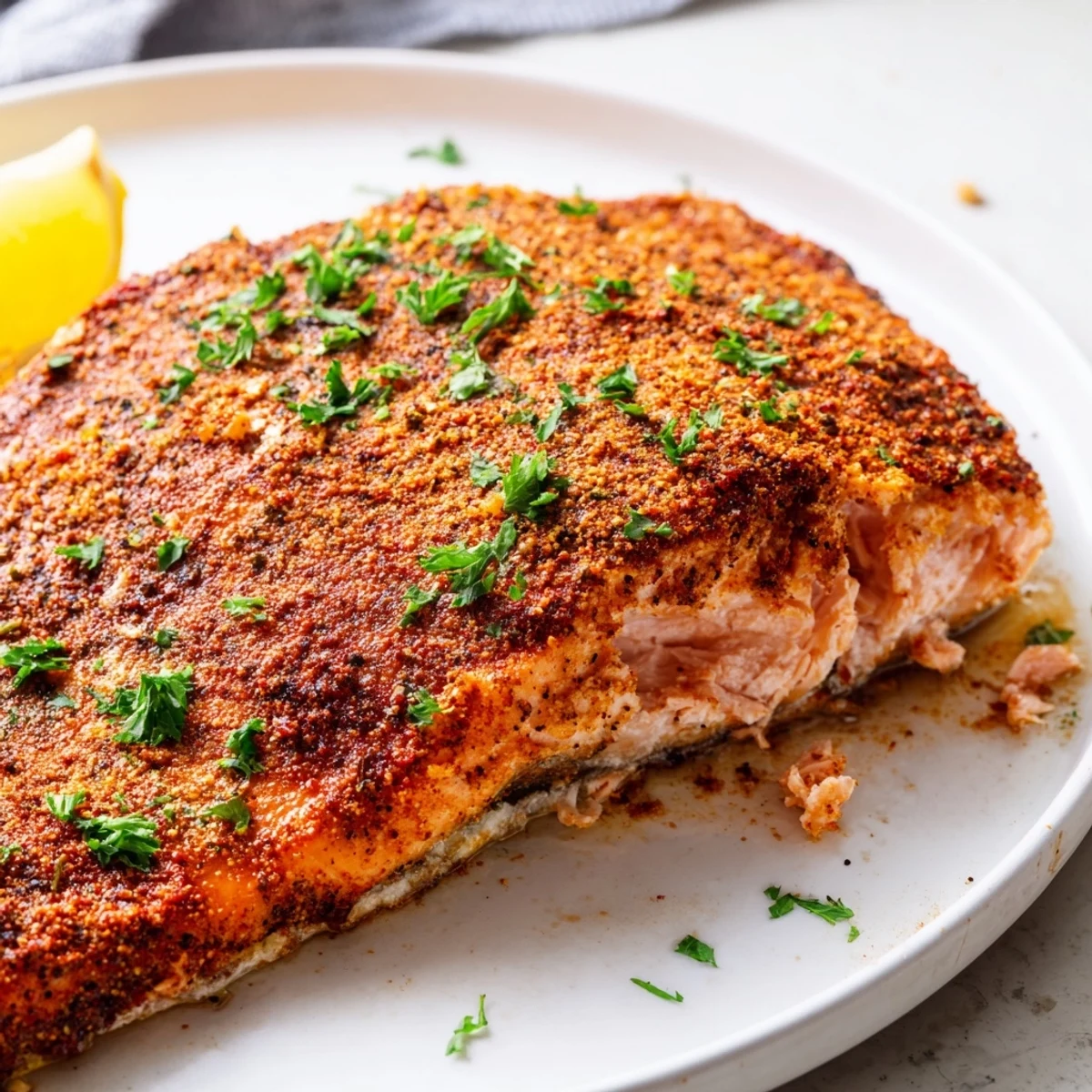 Perfectly flaked Oven Baked Cajun Salmon garnished with fresh parsley and lemon wedges