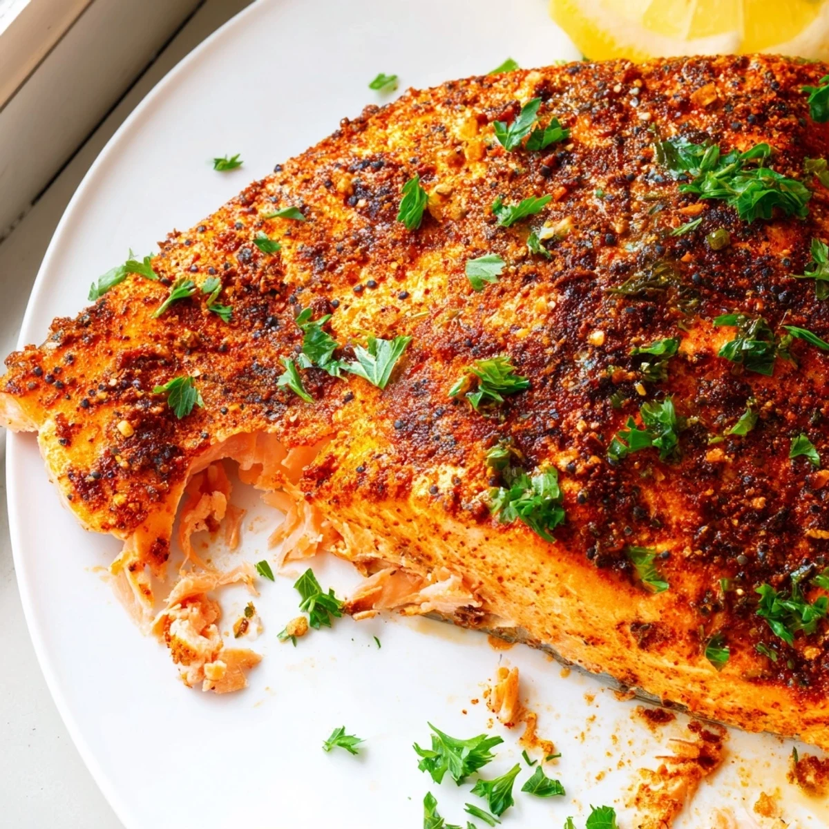 Oven Baked Cajun Salmon with a golden spice crust on a parchment-lined sheet pan