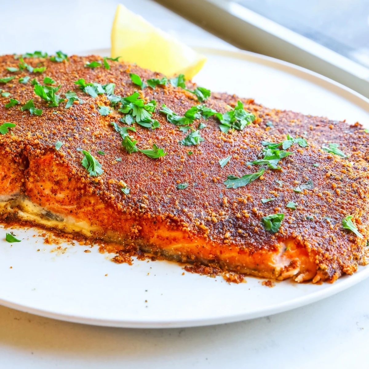 Spicy Oven Baked Cajun Salmon fillets served hot on a white dinner plate