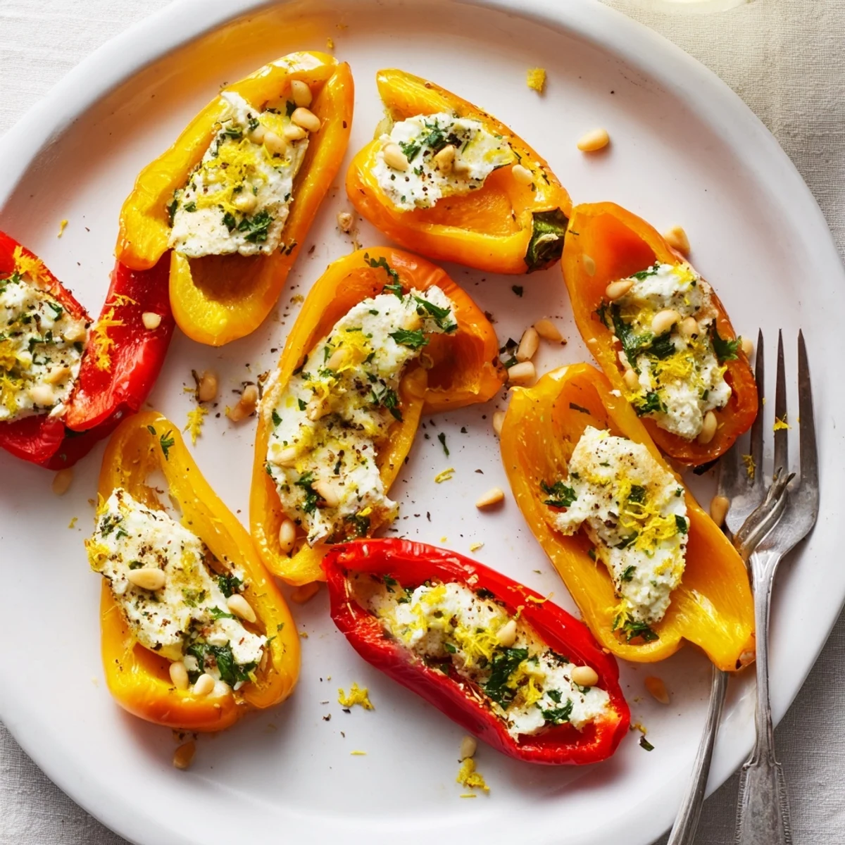 Golden roasted goat cheese stuffed mini peppers sprinkled with fresh herbs on a rustic platter