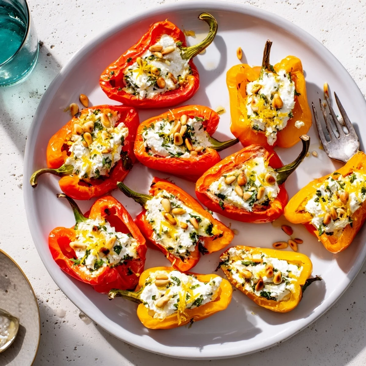 Creamy goat cheese filling bubbles inside tender roasted mini sweet peppers with pine nuts