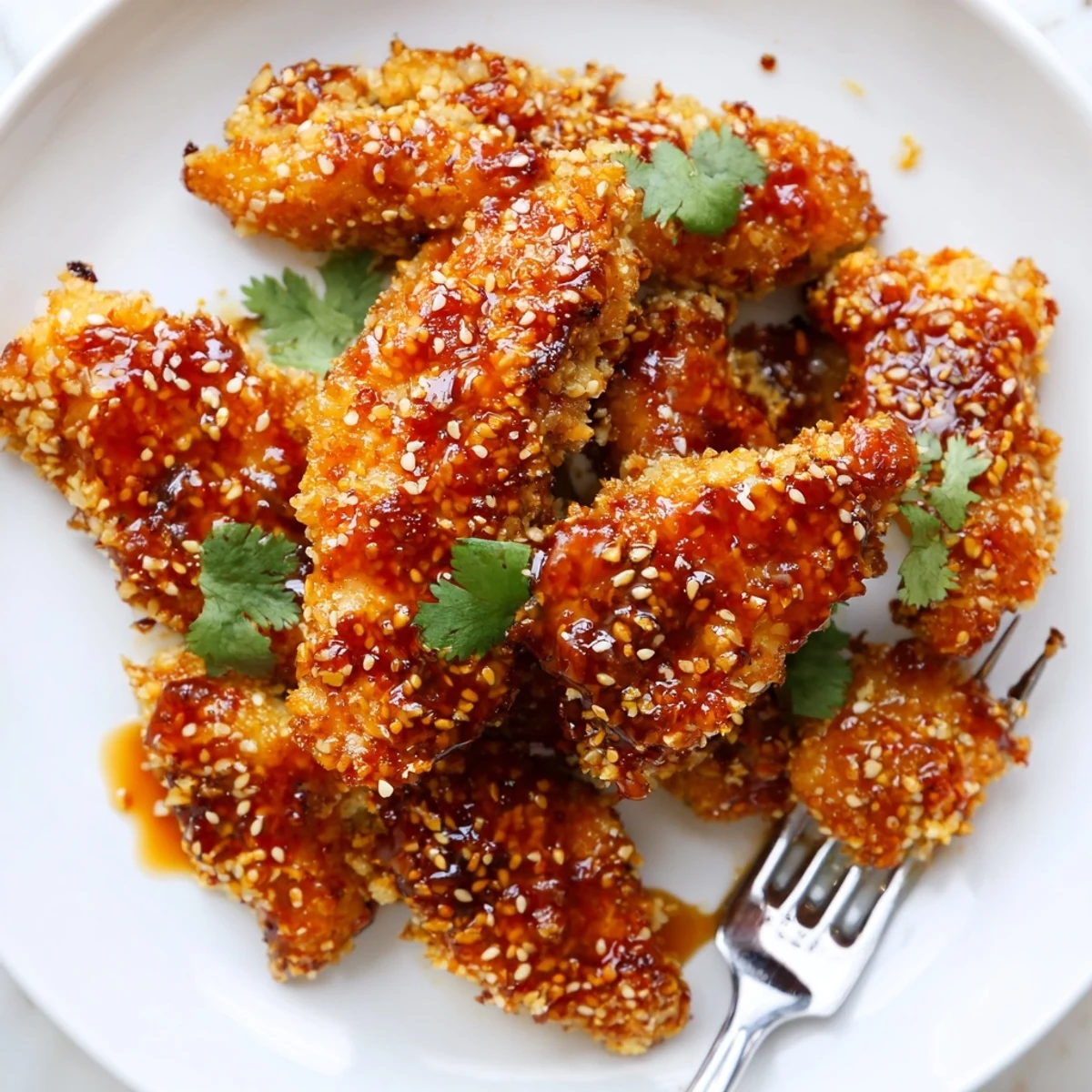 Crispy Thai Sticky Chicken Fingers glistening with sweet chili glaze and sesame seeds on a rustic platter