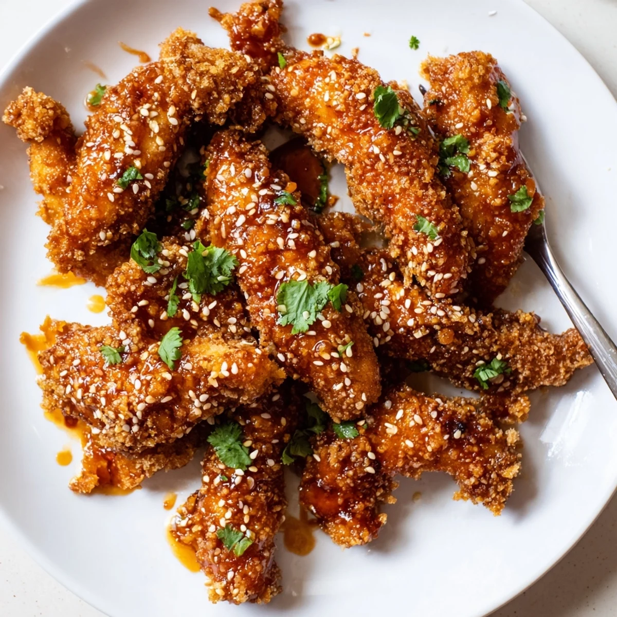 Golden Thai Sticky Chicken Fingers coated in a glossy, tangy honey-Sriracha sauce ready for dipping
