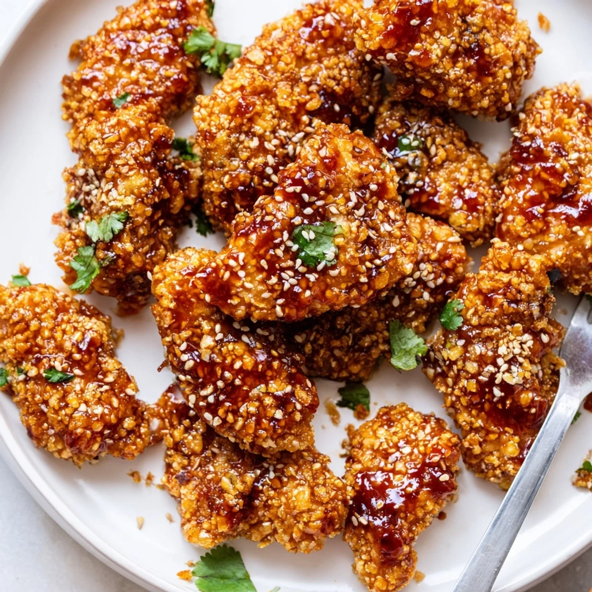 Crispy panko-crusted Thai Sticky Chicken Fingers drizzled with sticky sauce, garnished with fresh cilantro
