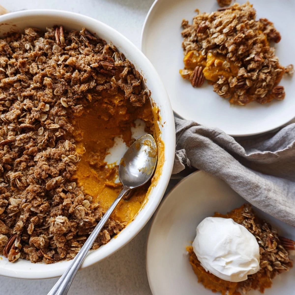 Golden pecan-studded crisp topping crowns creamy spiced pumpkin pie filling in a rustic baking dish