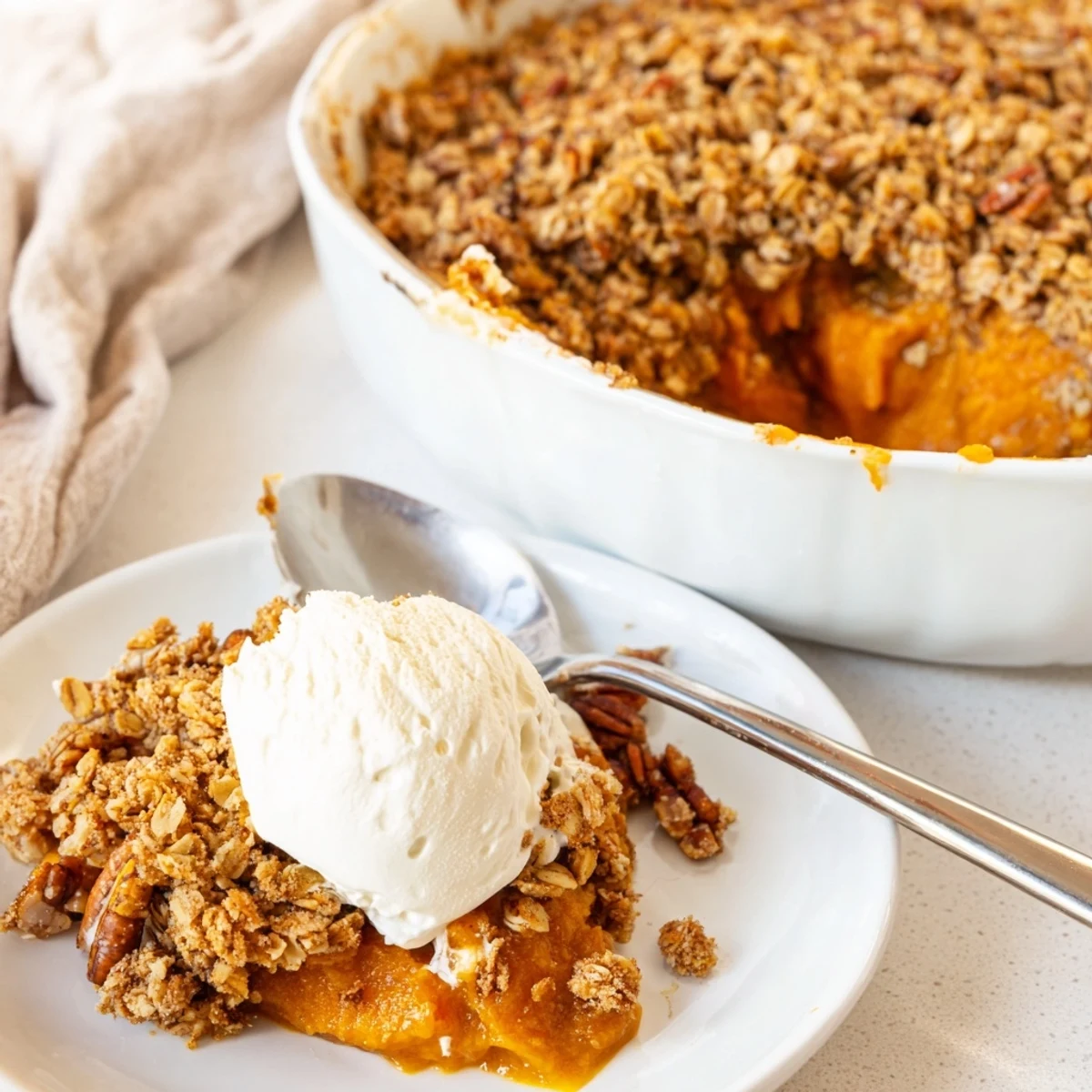 Creamy pumpkin pie crisp with buttery oat crumb topping served warm with a dollop of whipped cream