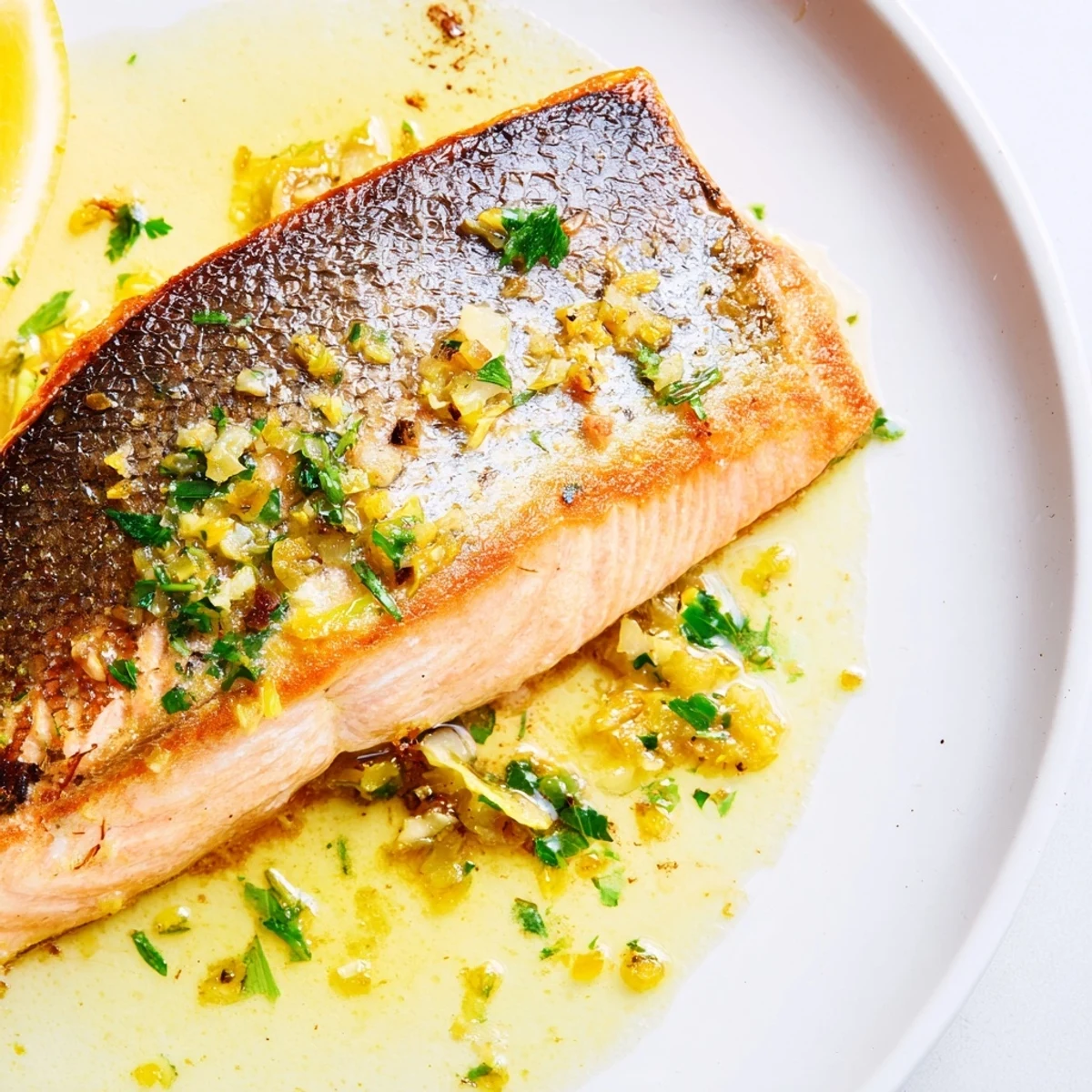 Golden garlic butter salmon fillets glistening in a rich, lemony pan sauce