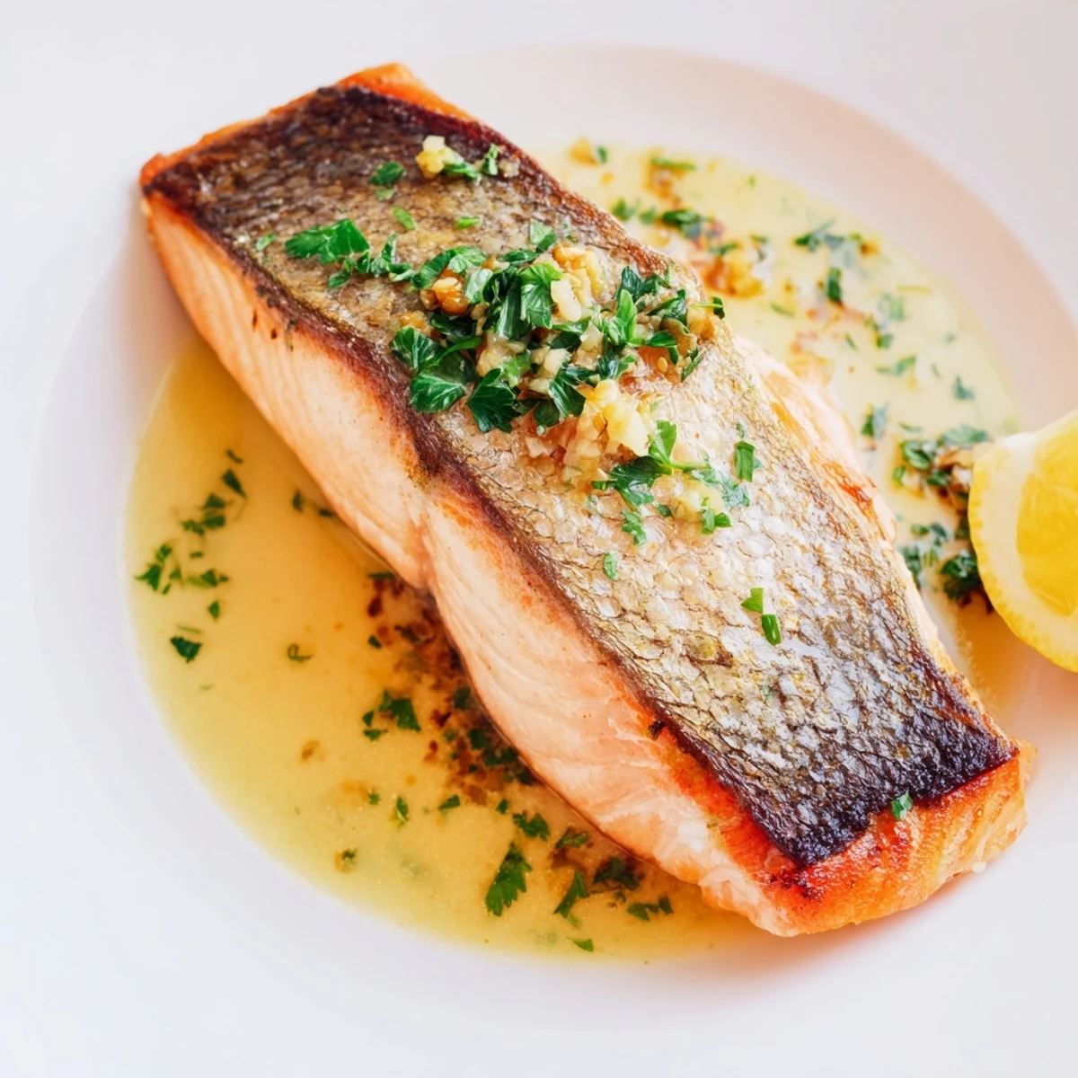 Crispy-skinned garlic butter salmon drizzled with herb-infused melted butter and fresh lemon
