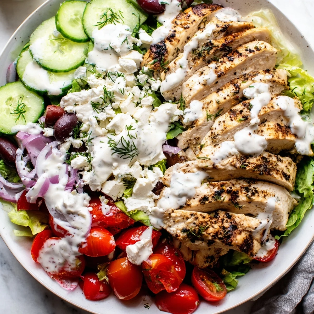 Creamy whipped feta dressing cascades over a vibrant Greek Chicken Salad platter