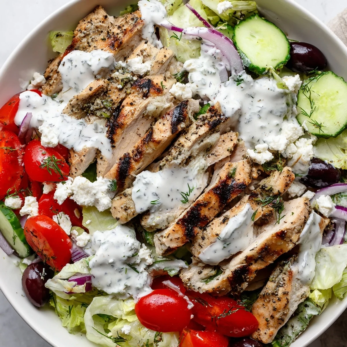 Greek Chicken Salad with grilled meat, crisp veggies, and fluffy whipped feta dressing