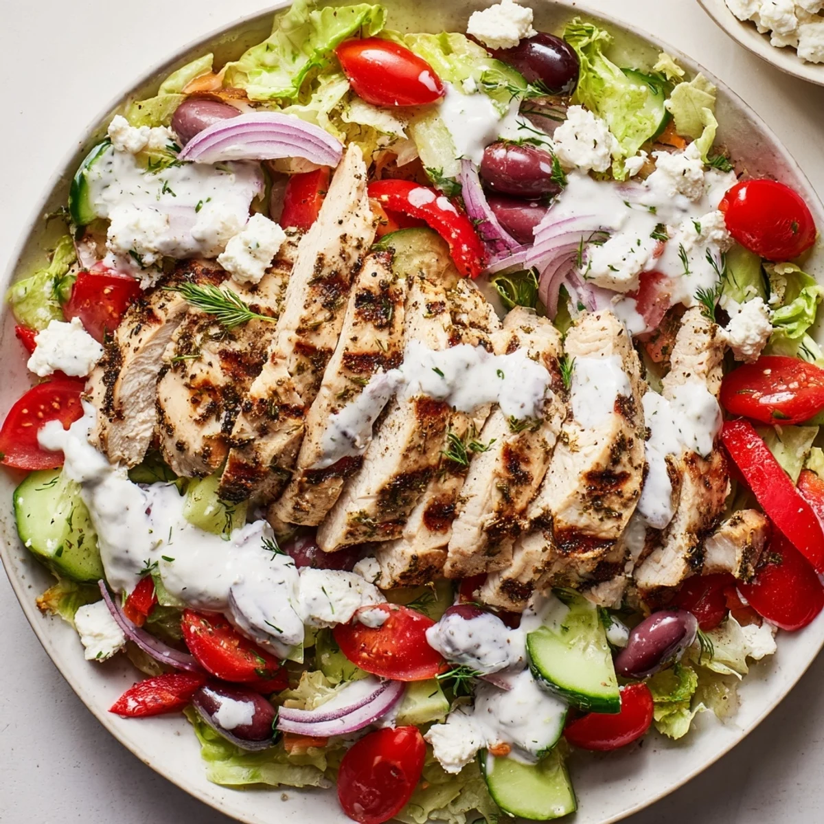 Sizzling sliced chicken tops fresh Mediterranean greens with velvety whipped feta drizzle