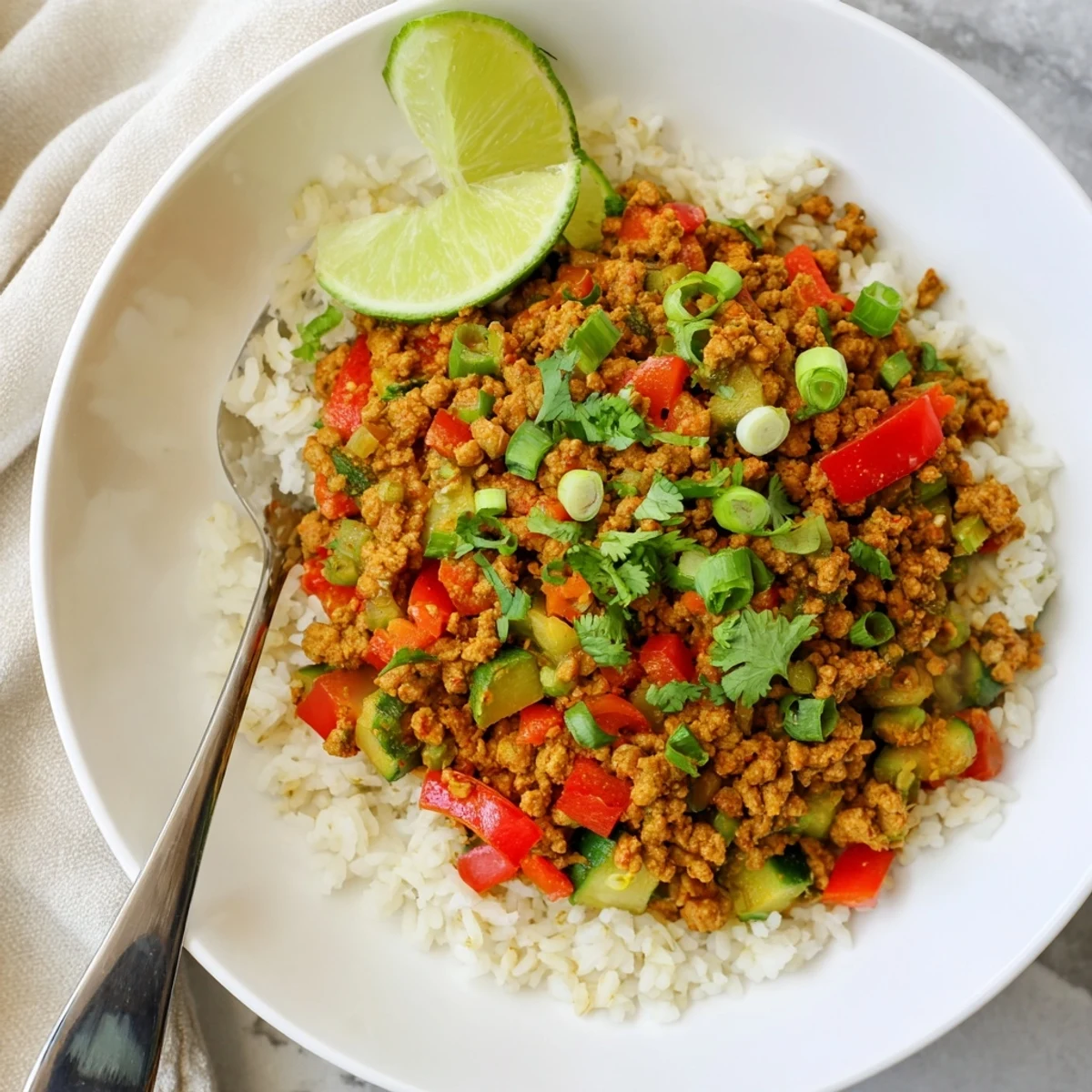 Spiced Turkey Rice Bowls topped with fresh cilantro and a squeeze of lime
