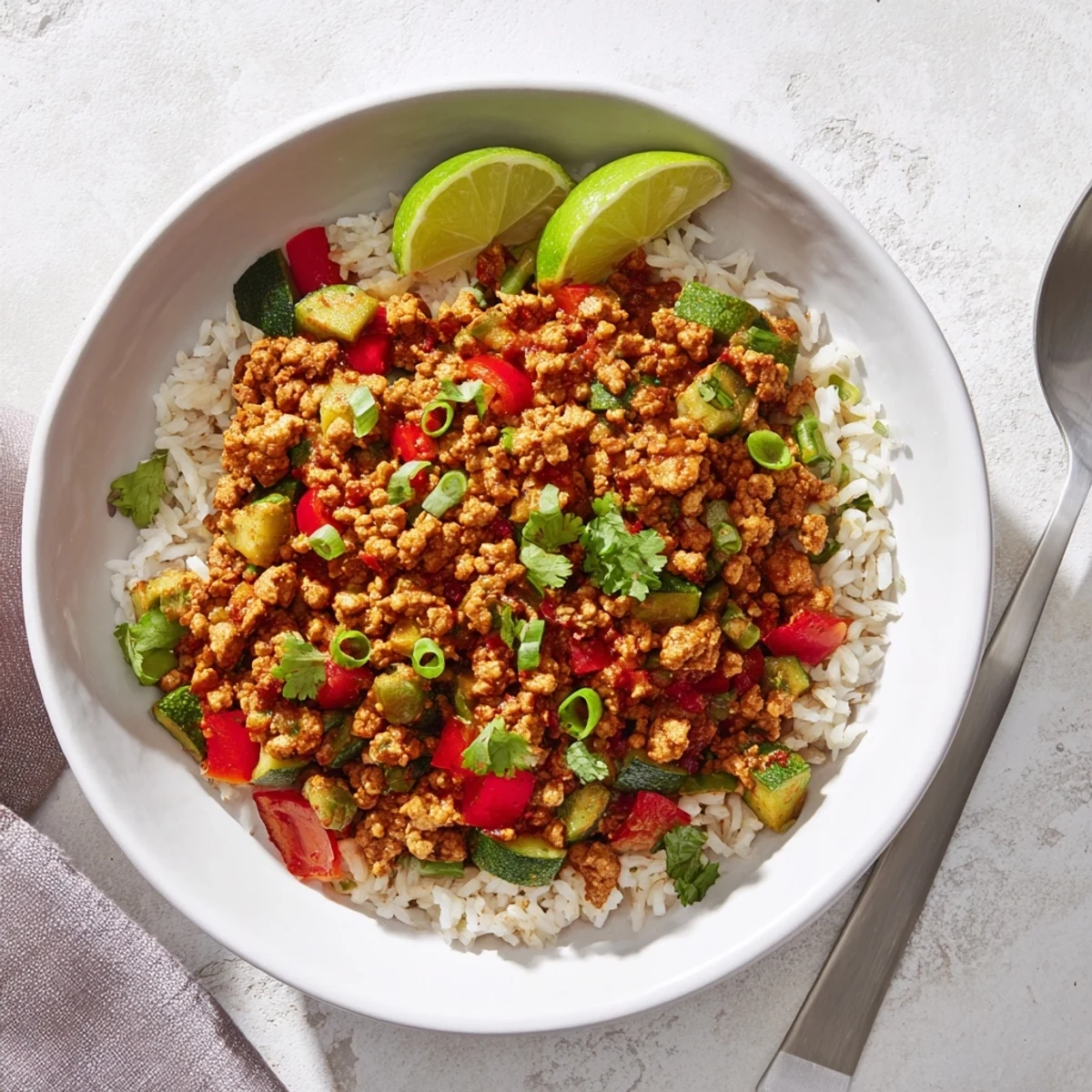 Colorful Spiced Turkey Rice Bowls with tender ground turkey and vibrant sautéed vegetables