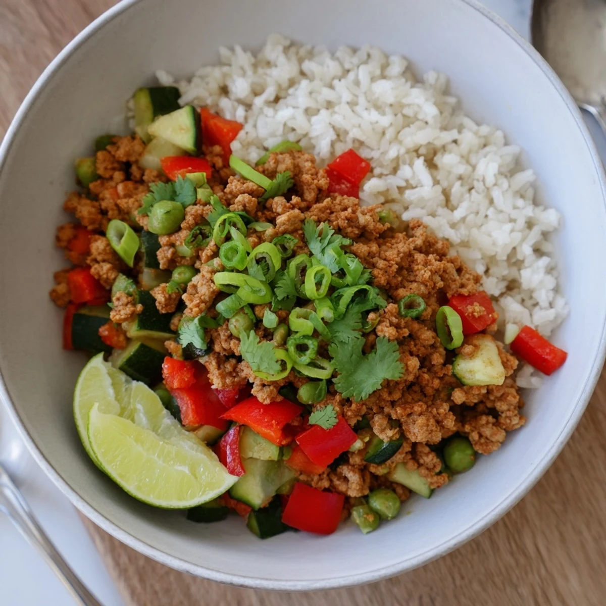 Warm Spiced Turkey Rice Bowls served over fluffy white rice in a rustic dish