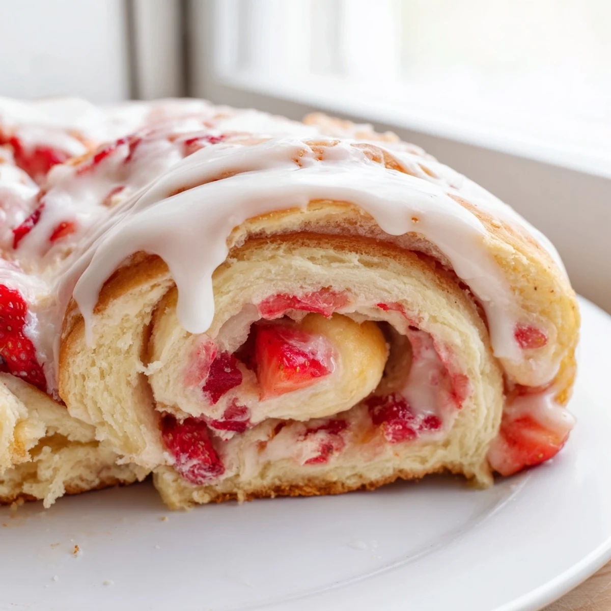 Golden strawberry cheesecake rolls drizzled with sweet vanilla glaze on a rustic baking dish