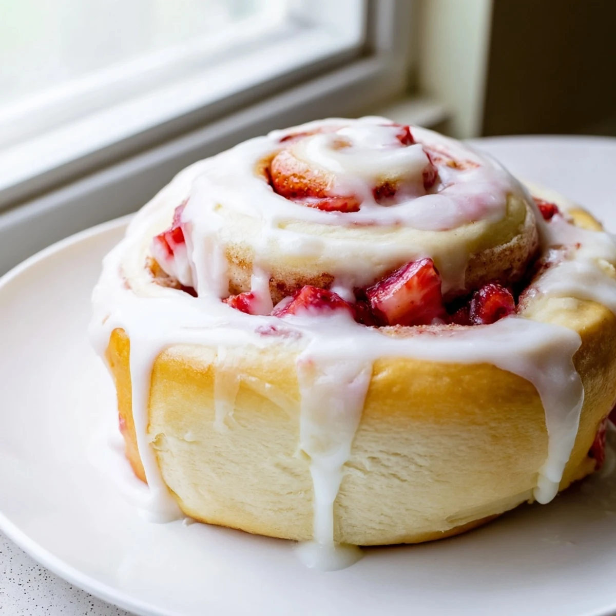 Soft pillowy strawberry cheesecake rolls with creamy filling and juicy red berries sliced open