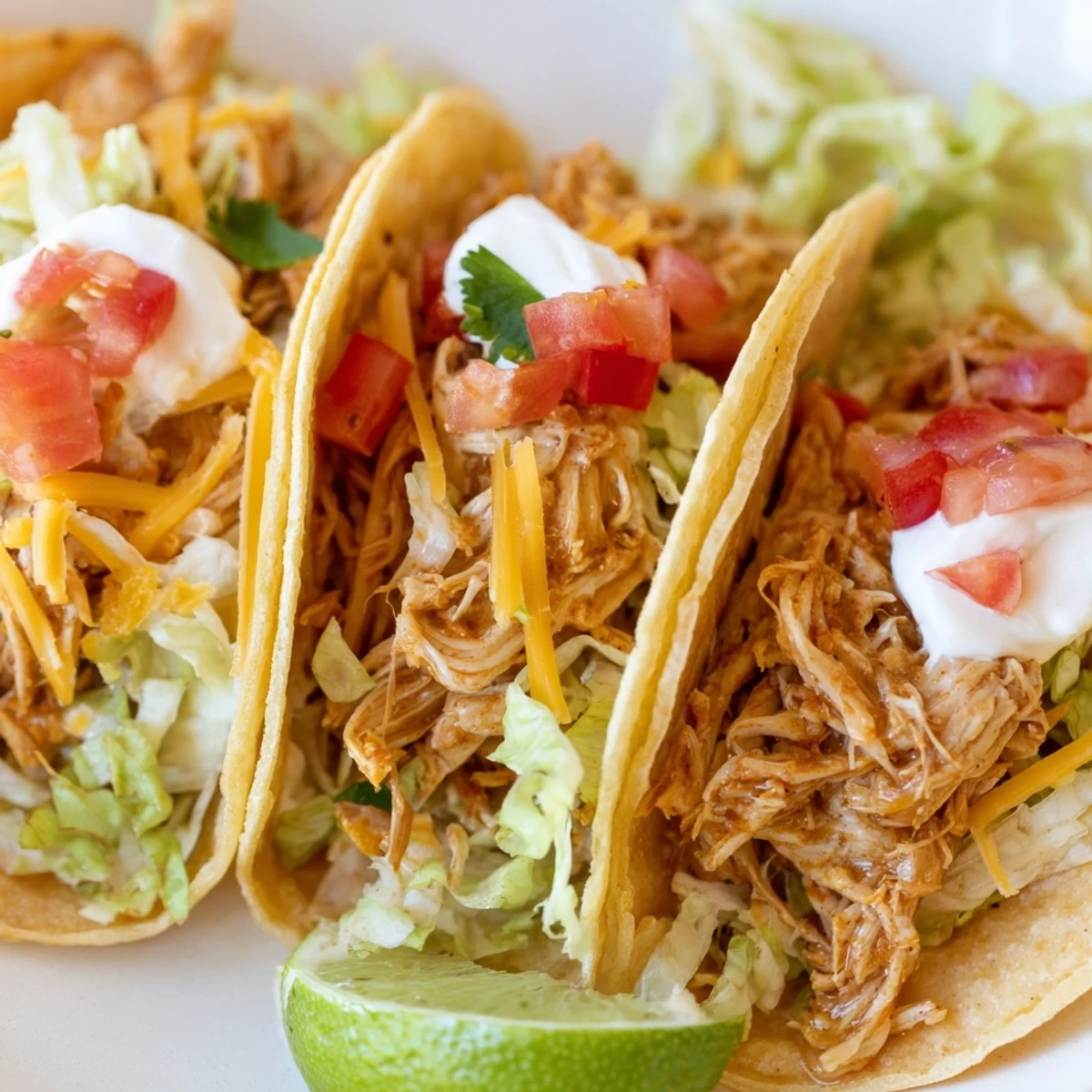 Crispy lettuce and diced tomatoes garnishing savory slow cooker ranch chicken tacos