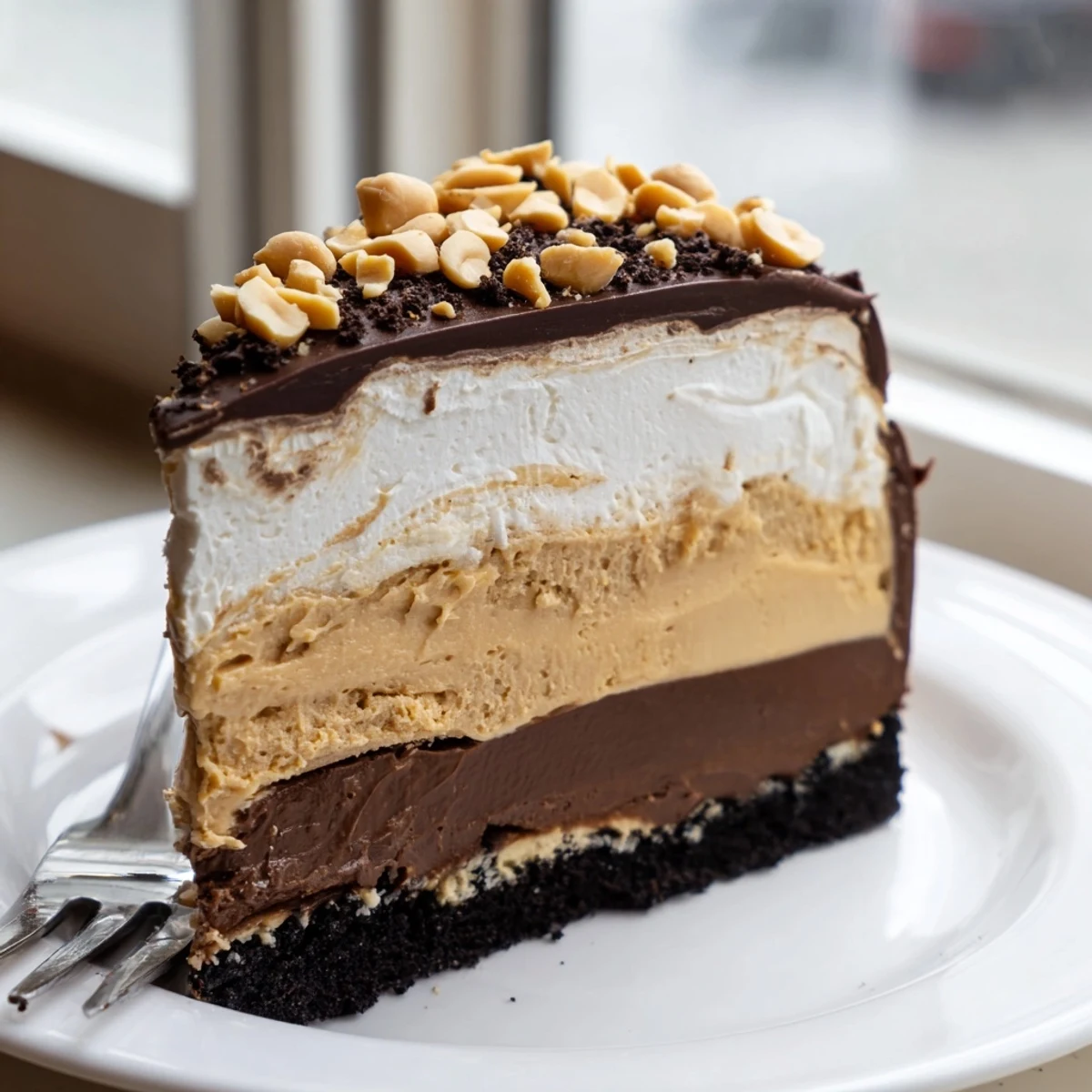Creamy Peanut Butter Layered Delight with rich chocolate and crunchy cookie crust