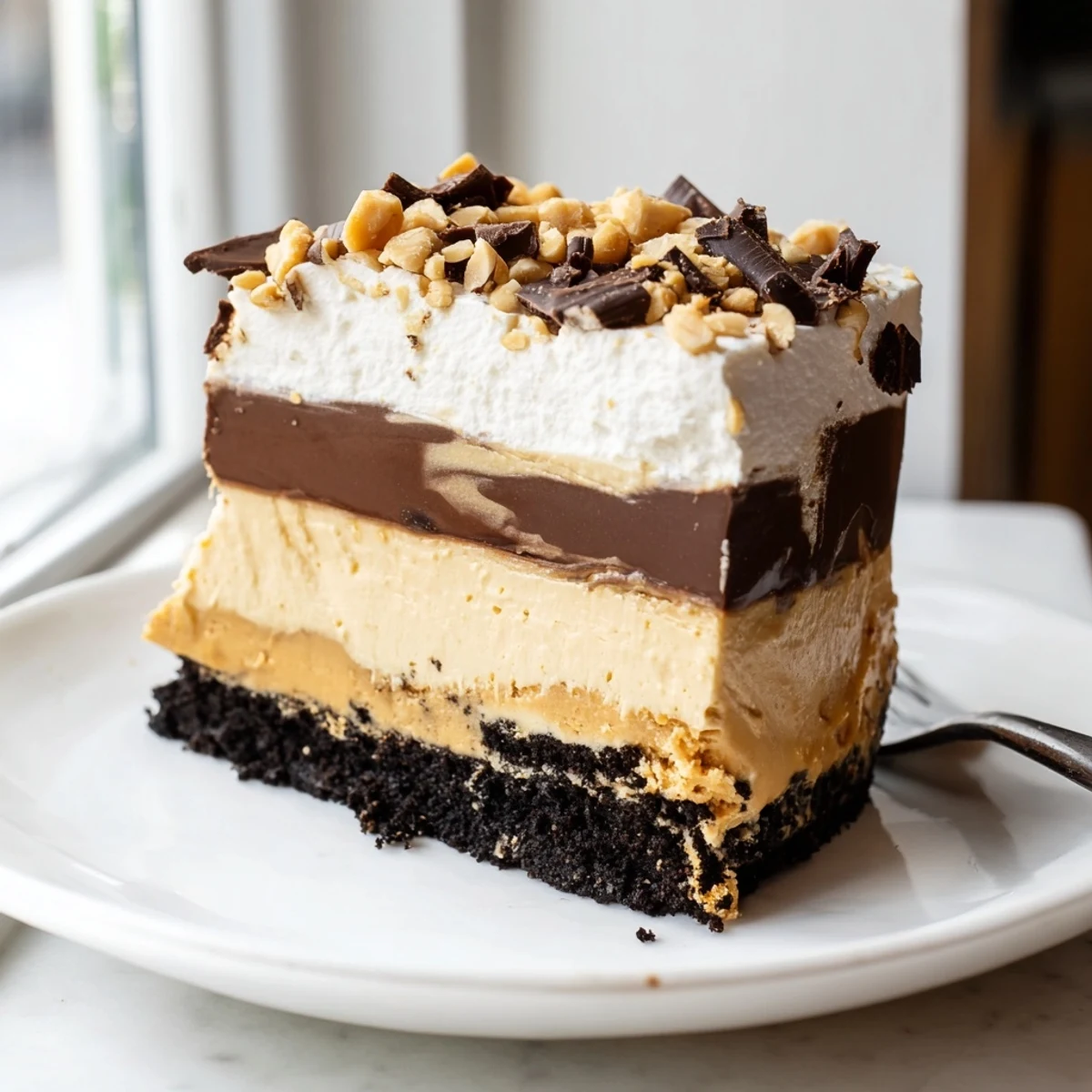 Decadent Peanut Butter Layered Delight showing smooth velvety layers in a chilled dessert pan