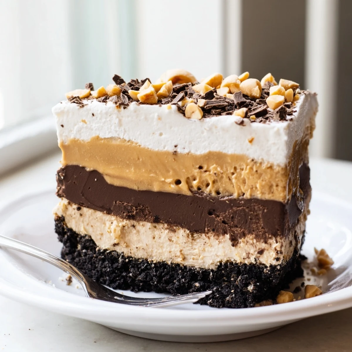 Peanut Butter Layered Delight sliced into squares topped with whipped cream and peanuts