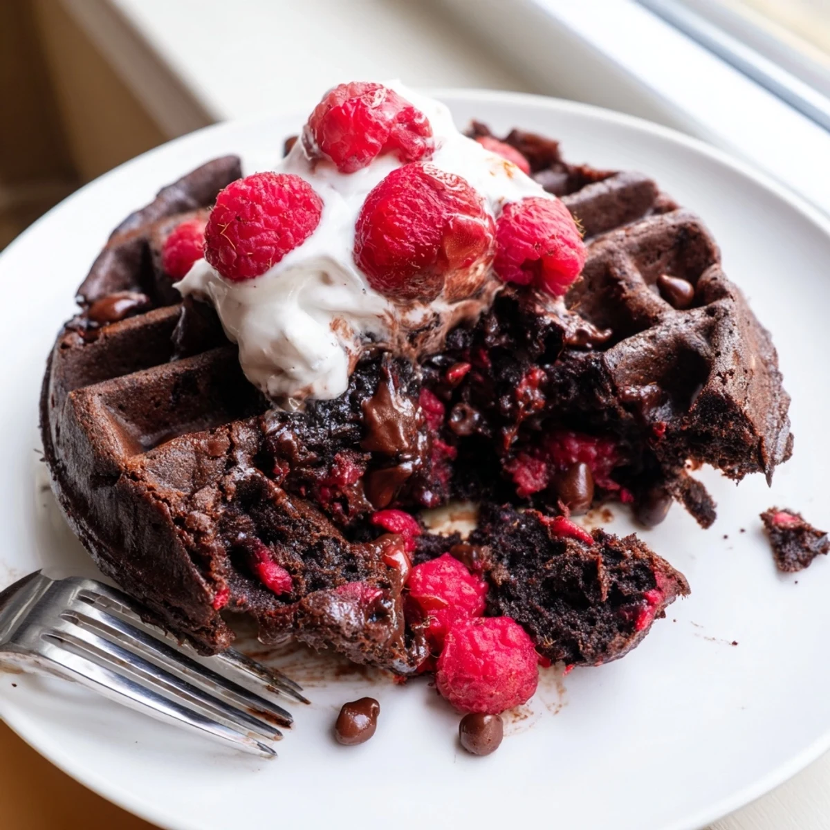Fudgy brownie waffles with crisp golden edges and melty chocolate chips on a plate