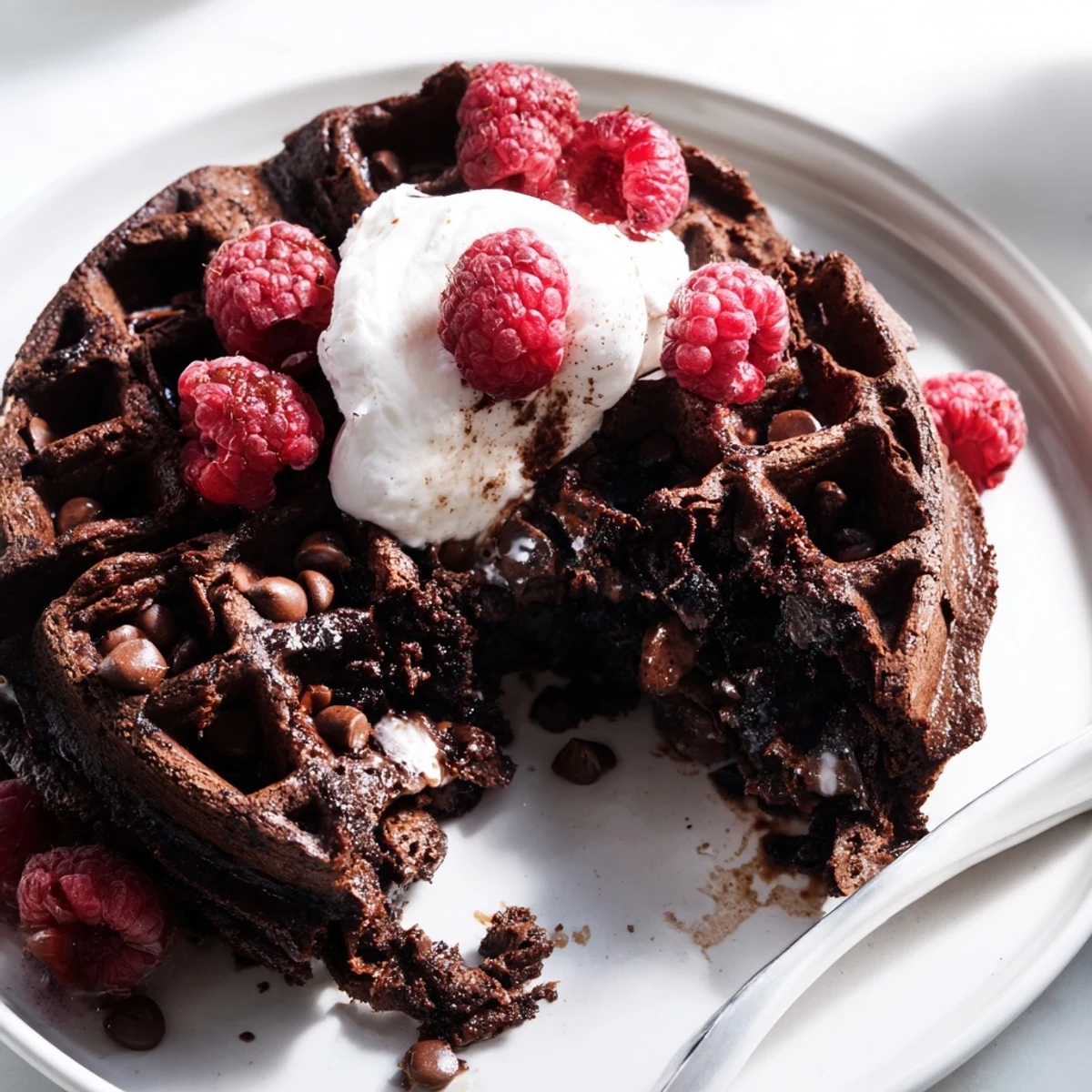 Freshly cooked fudgy brownie waffles drizzled with rich chocolate sauce on a rustic platter