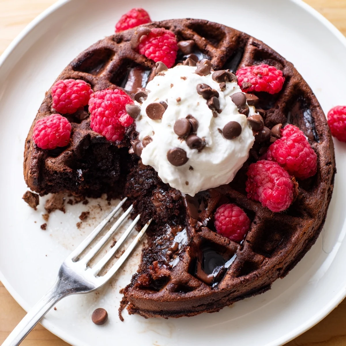 Warm fudgy brownie waffles topped with whipped cream and fresh red berries