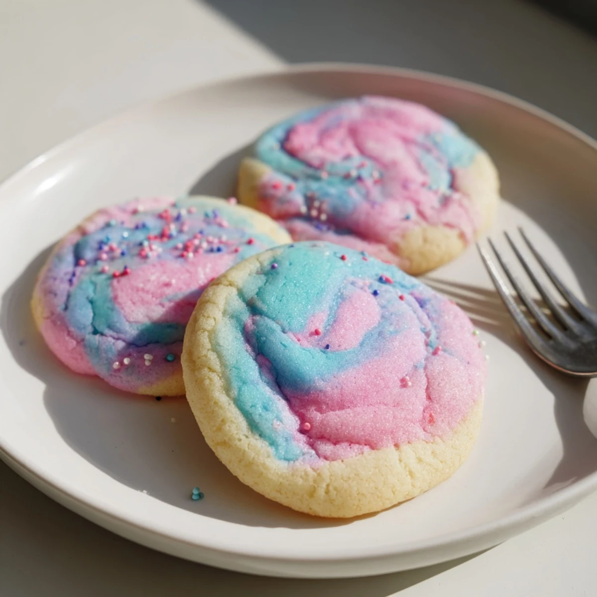 Cotton candy cookies topped with colorful sprinkles arranged on a rustic white serving plate