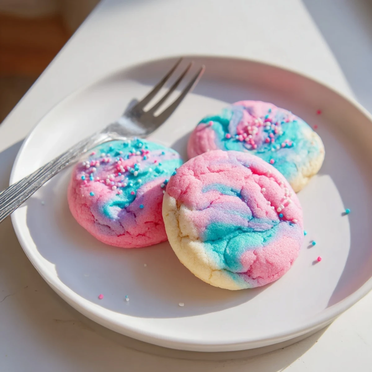 Soft cotton candy cookies with swirled pink and blue pastel dough on a parchment-lined sheet